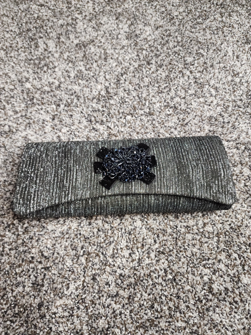 Black Metallic Evening Clutch with Beaded Accent